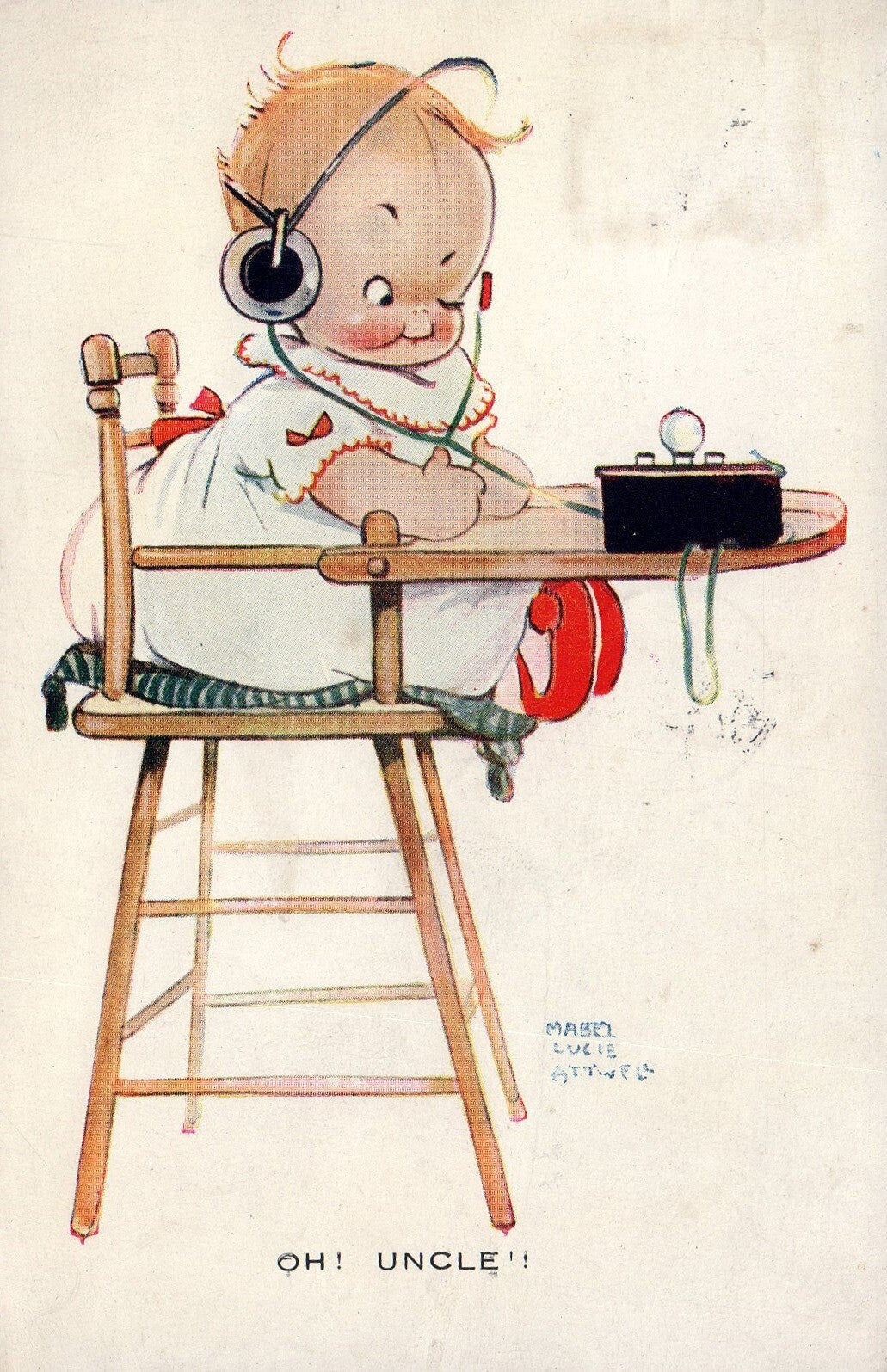 Baby listens to radio  "Oh Uncle"  Artist Signed Mabel Lucie Attwell #809