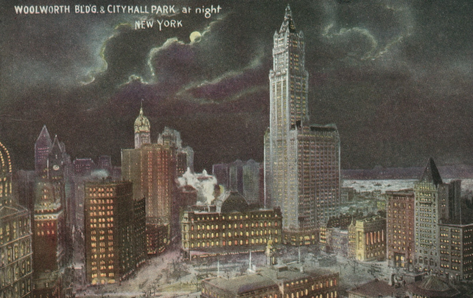 Woolworth Building and City Hall Park At Night Clouds Moon NYC New York Postcard