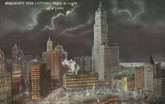 Woolworth Building and City Hall Park At Night Clouds Moon NYC New York Postcard