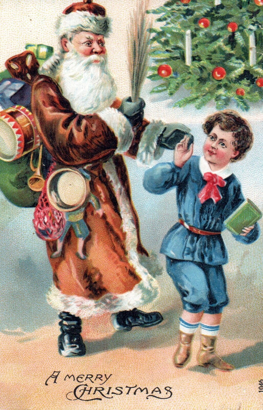 A Merry Christmas Santa with Little Boy & Toys Vintage Santa Postcard