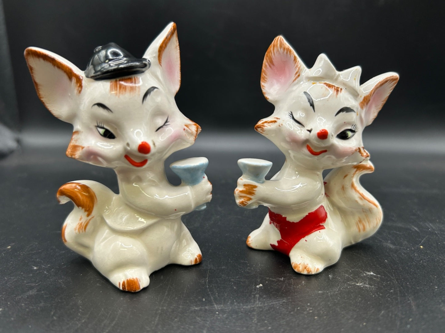 Enesco 1950s Anthropomorphic Foxes Drinking Martinis Salt & Pepper Shaker Set