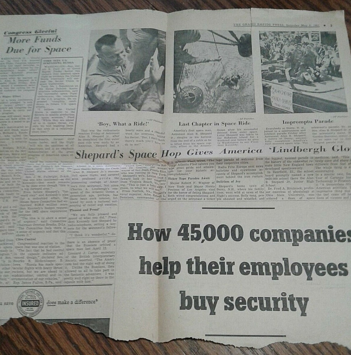  Vintage 1961 Grand Rapids Press Newspaper Clipping Astronaut Alan B Shepard Jr 