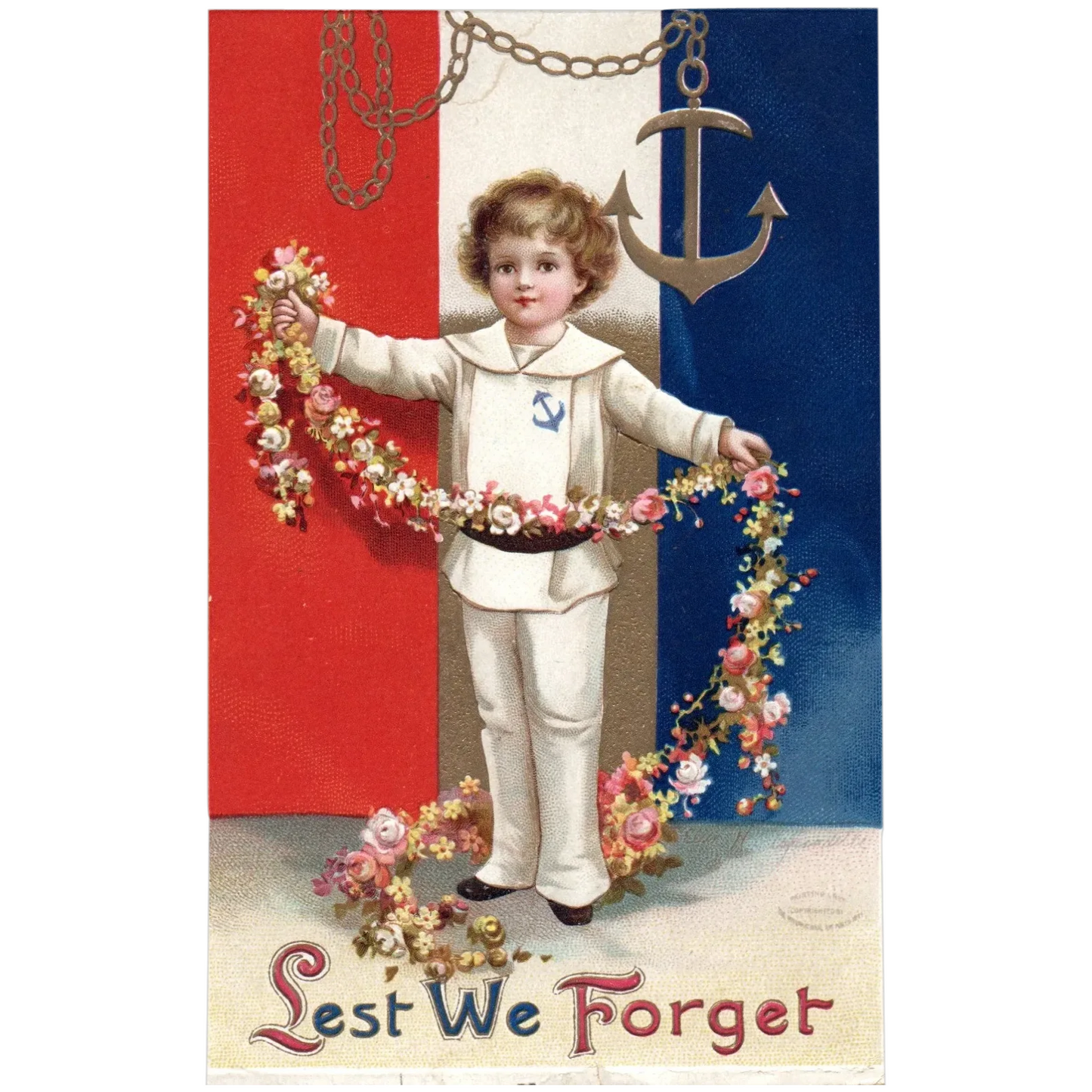 Little Boy in Sailor Suit & Anchor Holding Flower Strand Lest We Forget Postcard