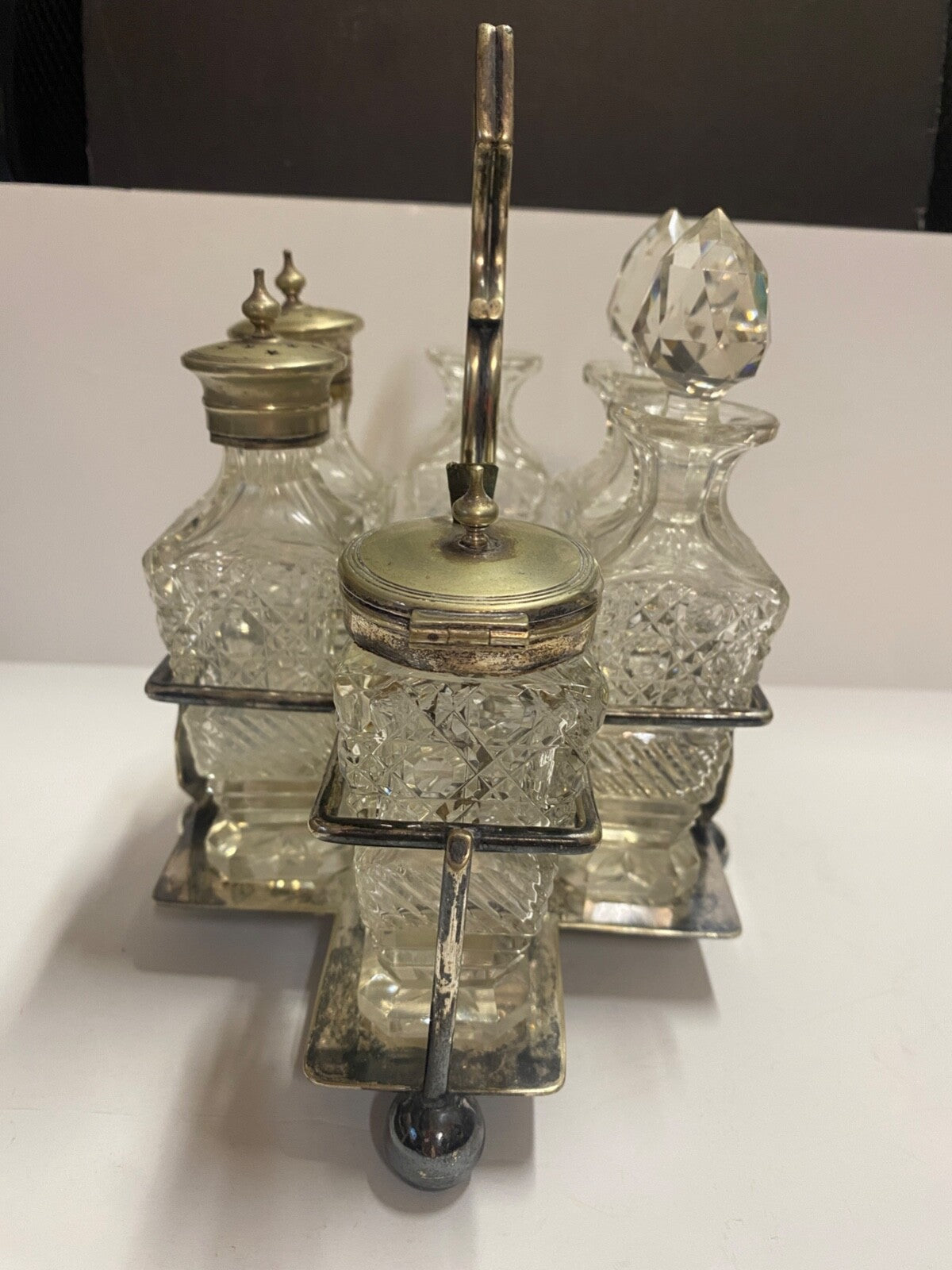 Antique 1900's Silver Plated Cruet 6 Piece Set & Carrier Salt Pepper Sugar &More