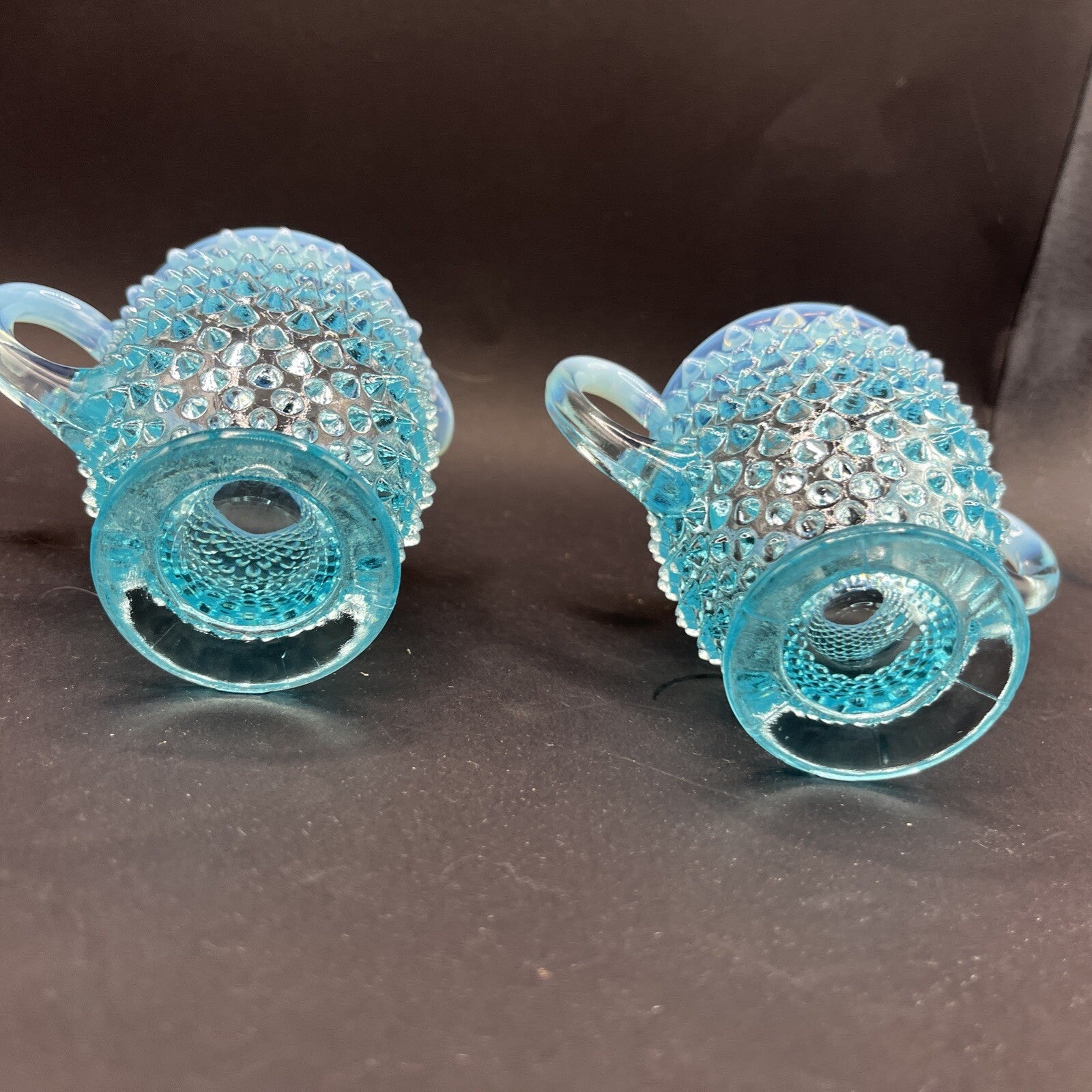 Fenton Glass Blue Opalescent Hobnail Creamer Sugar Bowl Set Lot Handle 3.5 Inch