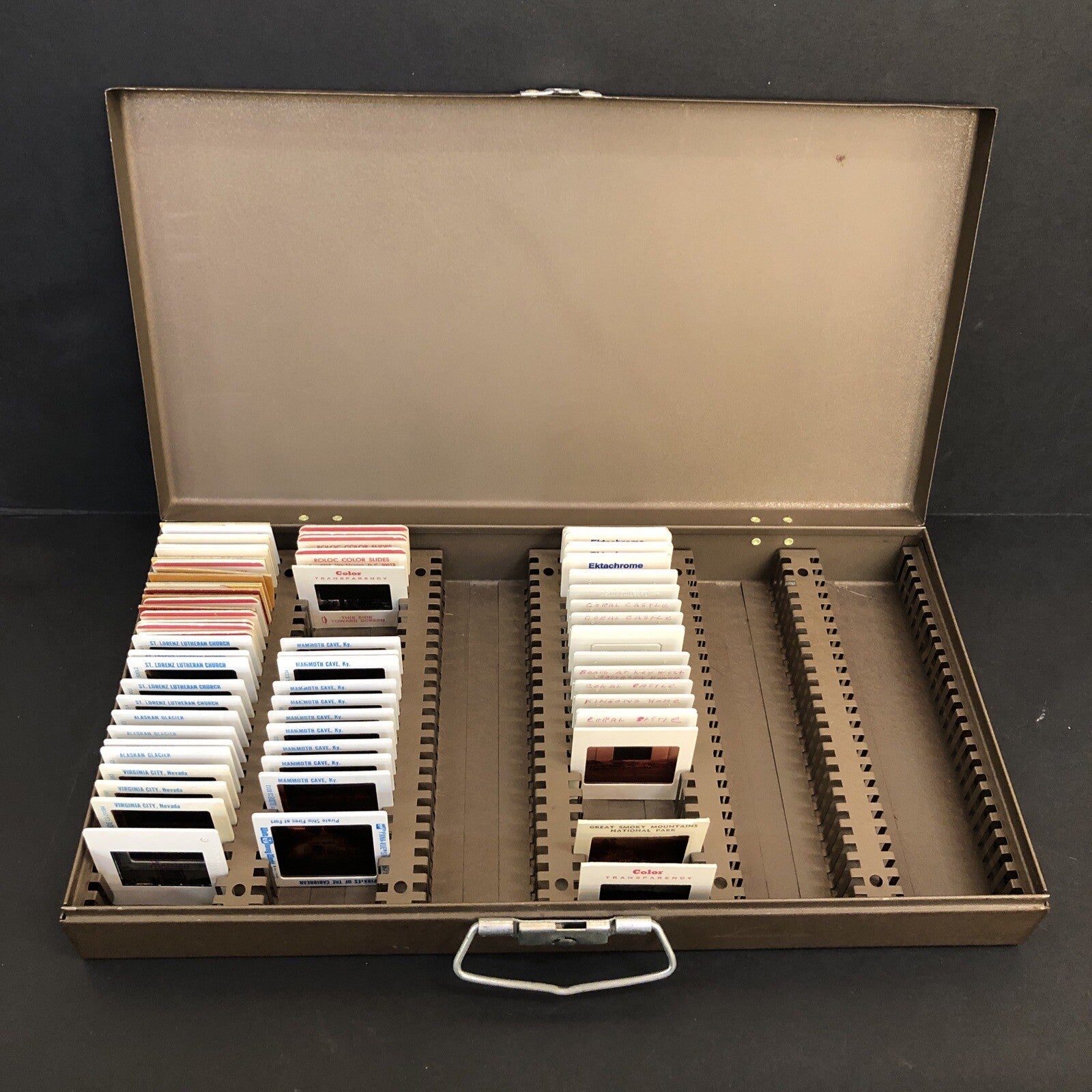 Brown Metal Storage Case for 35mm Slides 150 Slots -Random slides NV KY Castles