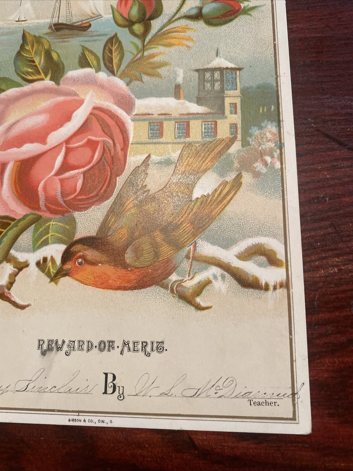 Reward of merit Vintage Victorian School Ephemera  Gibson & Co Bird Rose