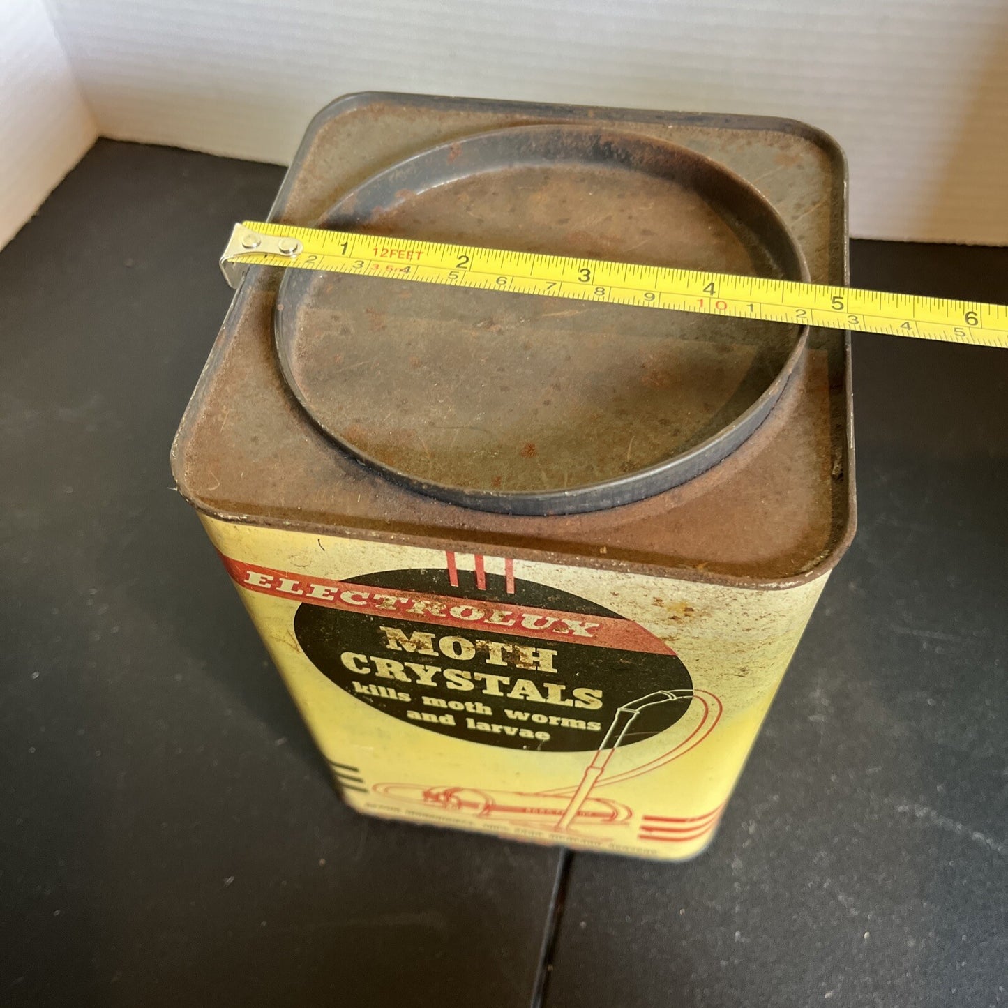VINTAGE Country Store Tin Can Advertising Electrolux Moth Crystals 