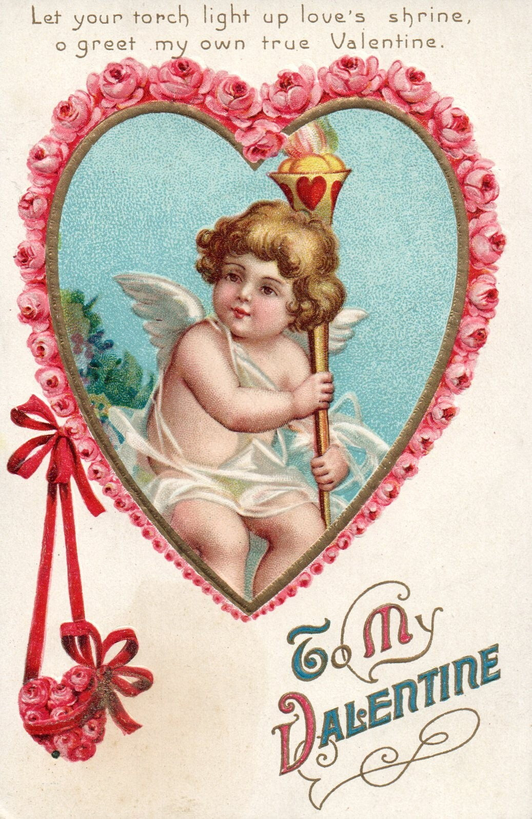 Valentine Postcard Cupid in Heart of Roses with Torch To My Valentine Germany