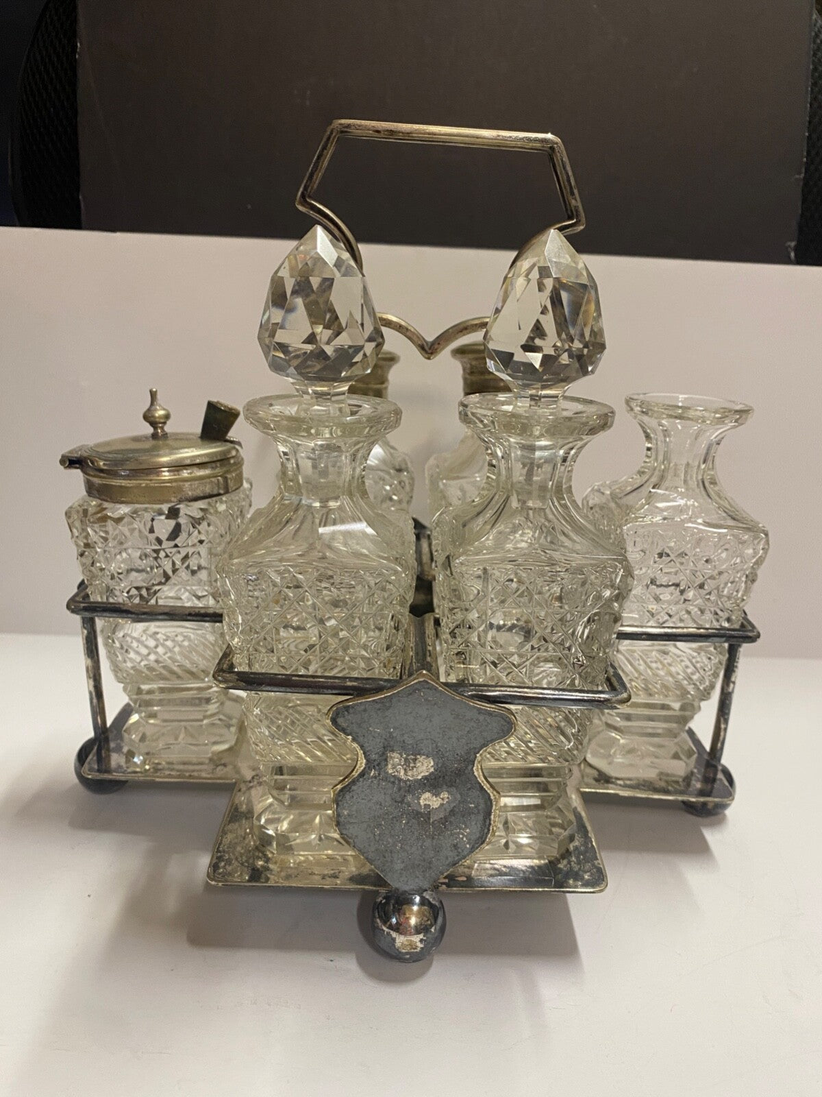 Antique 1900's Silver Plated Cruet 6 Piece Set & Carrier Salt Pepper Sugar &More