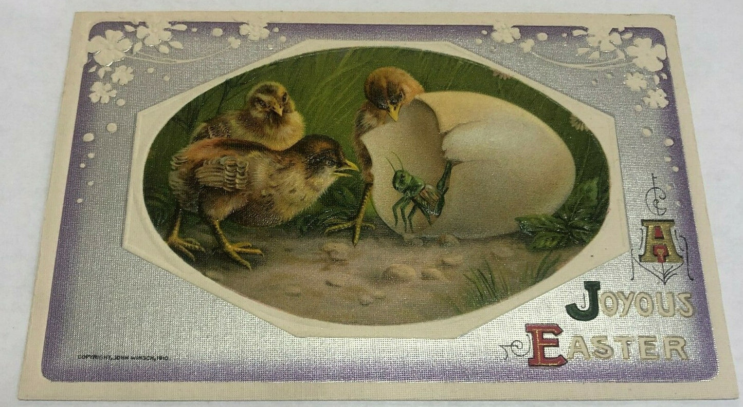 Rare 1910 John Winsch Easter Chicks with Grasshopper Vintage Postcard