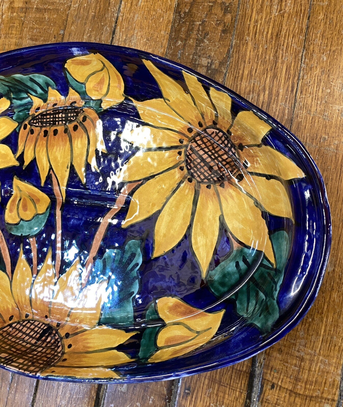 vintage Terracotta Pottery Mexican Talavera 1980's Cobalt Blue Sunflower Platter