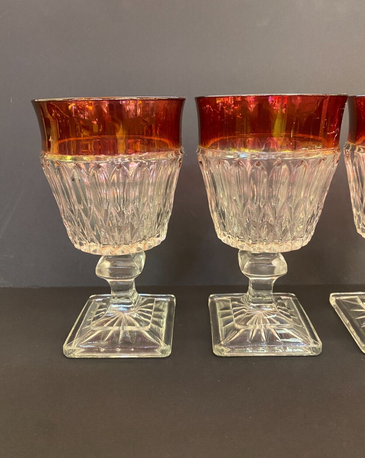Vintage  Ruby Red Rimmed Set Of 4 Goblet Clear Cut Glass Square Base