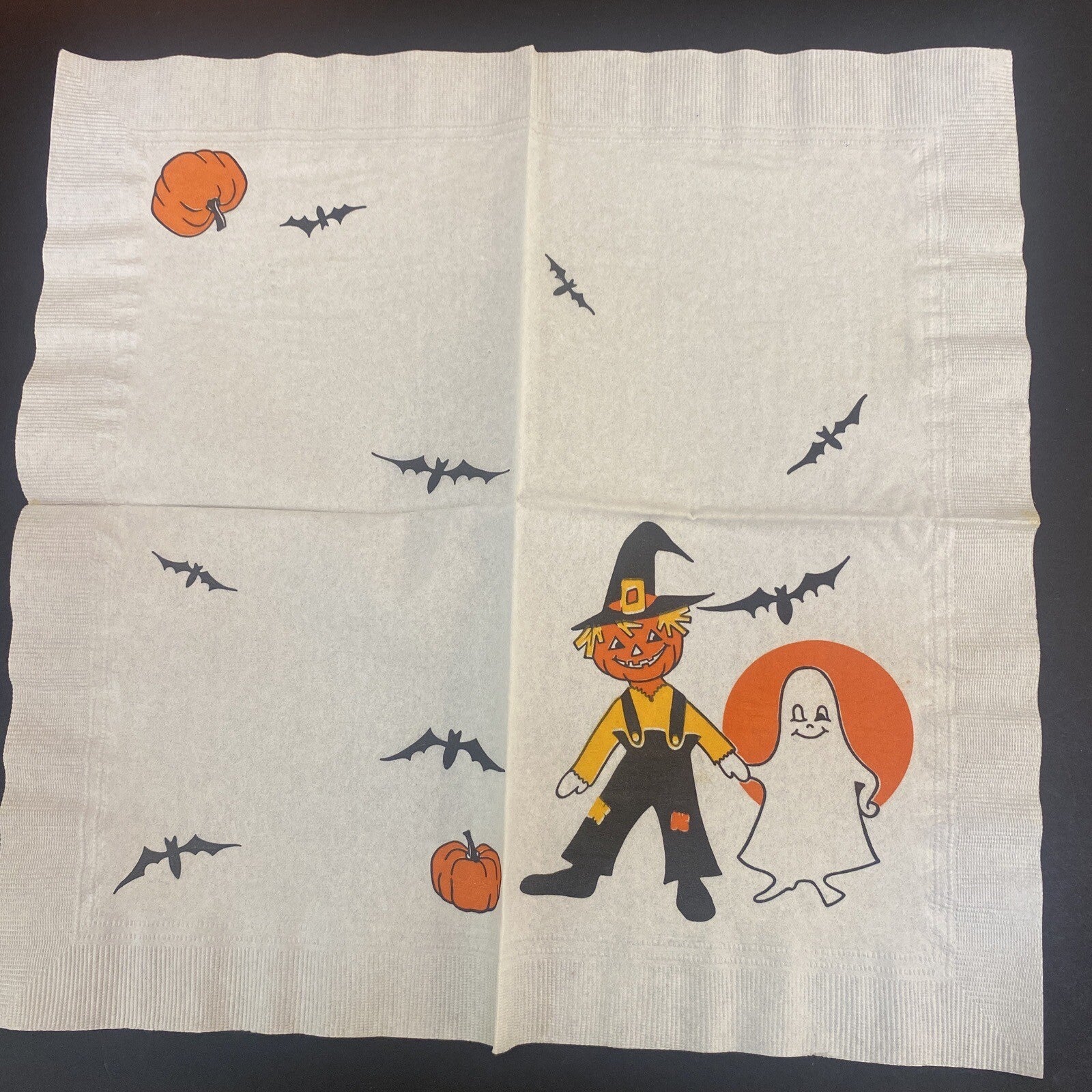 Vintage HALLOWEEN White PAPER NAPKIN Lot of 4 Pumpkins, Ghosts, Scarecrows, Bats