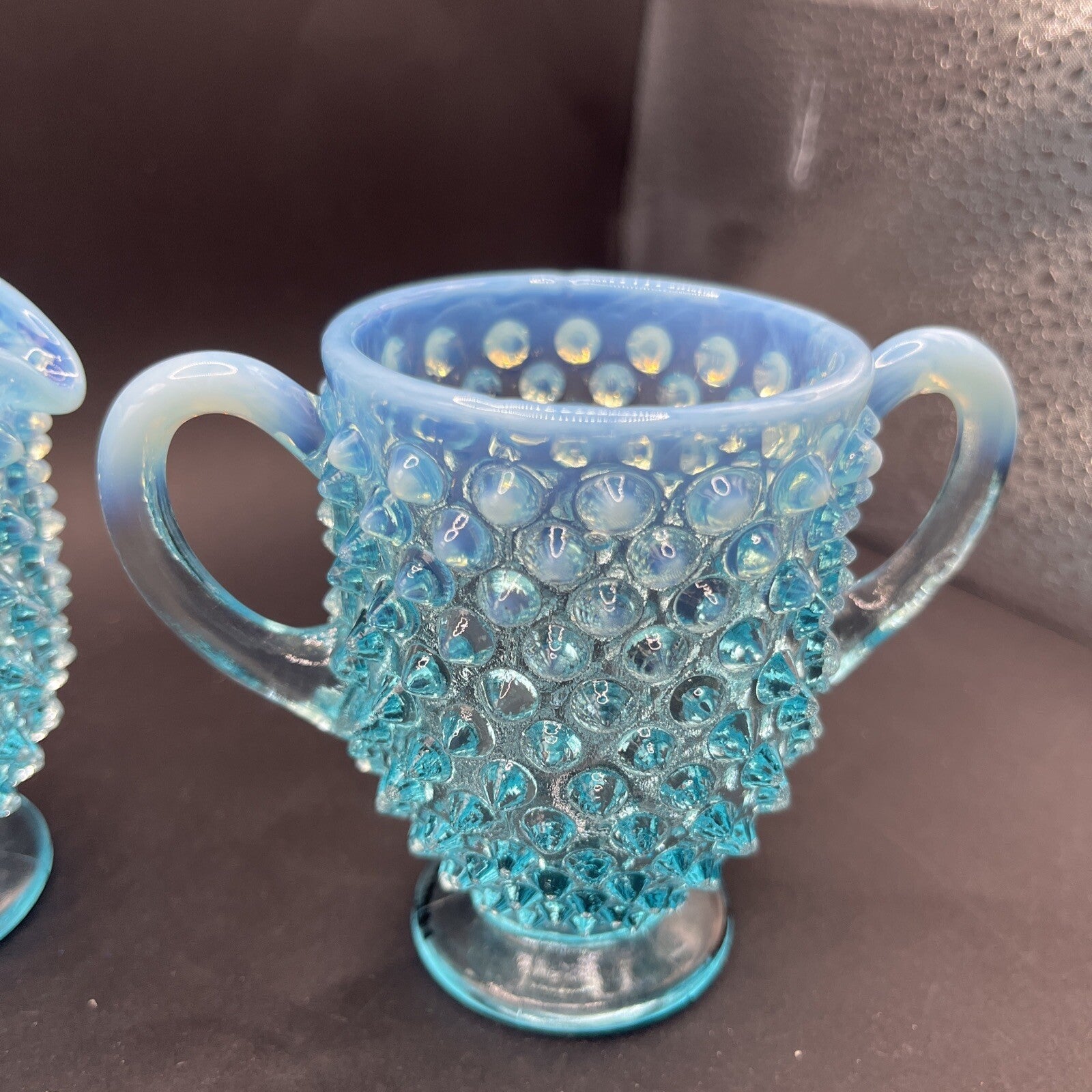Fenton Glass Blue Opalescent Hobnail Creamer Sugar Bowl Set Lot Handle 3.5 Inch