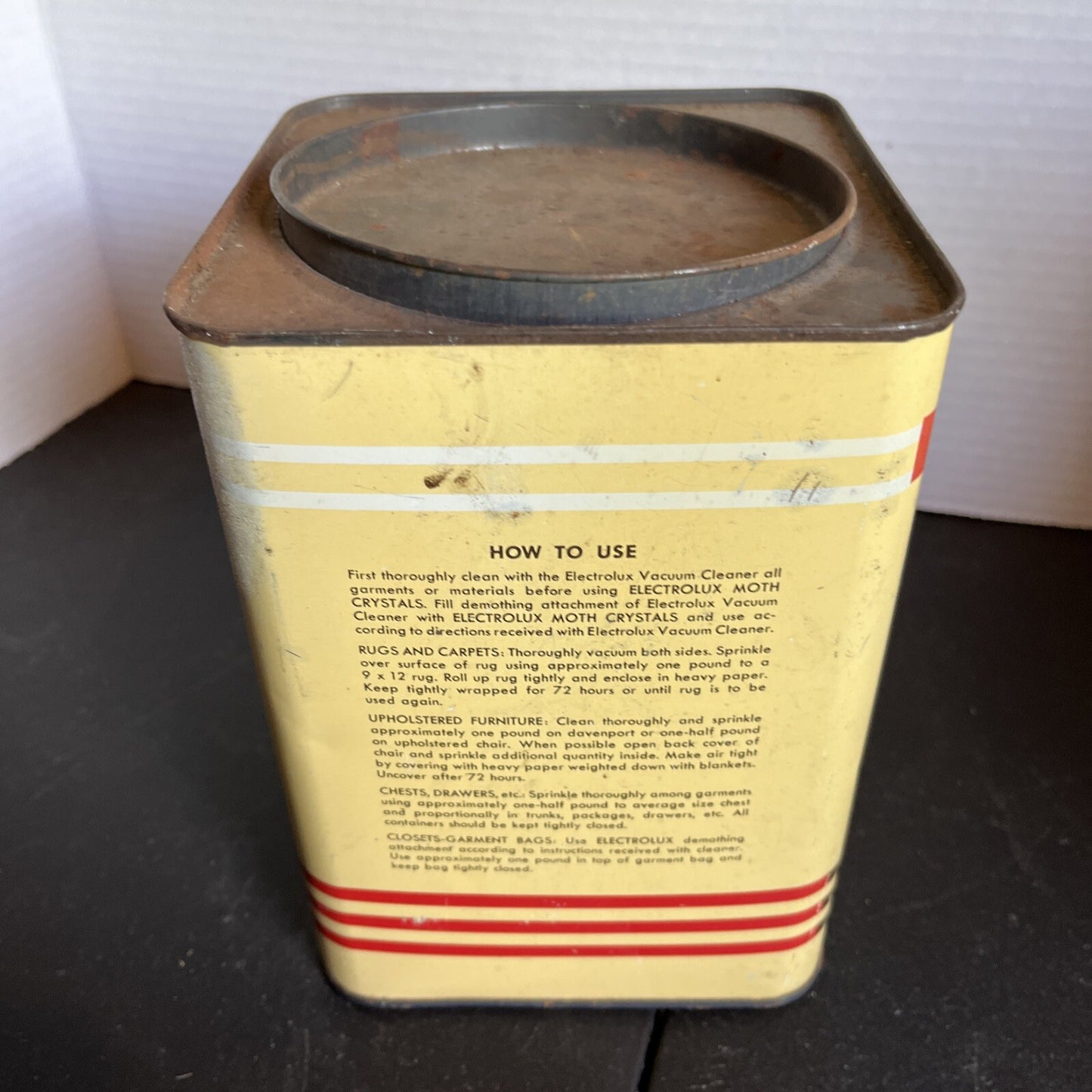 VINTAGE Country Store Tin Can Advertising Electrolux Moth Crystals 