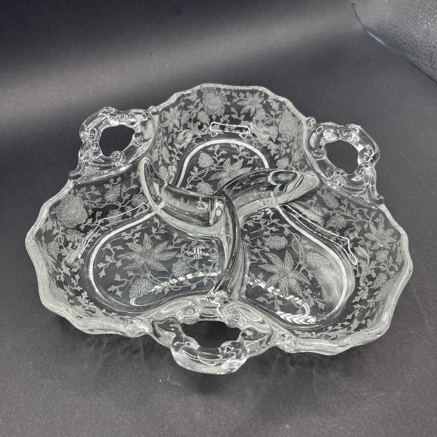 CAMBRIDGE ART GLASS UNIQUE THREE HANDLED THREE PART CANDY DISH "WILDFLOWER" ETCH
