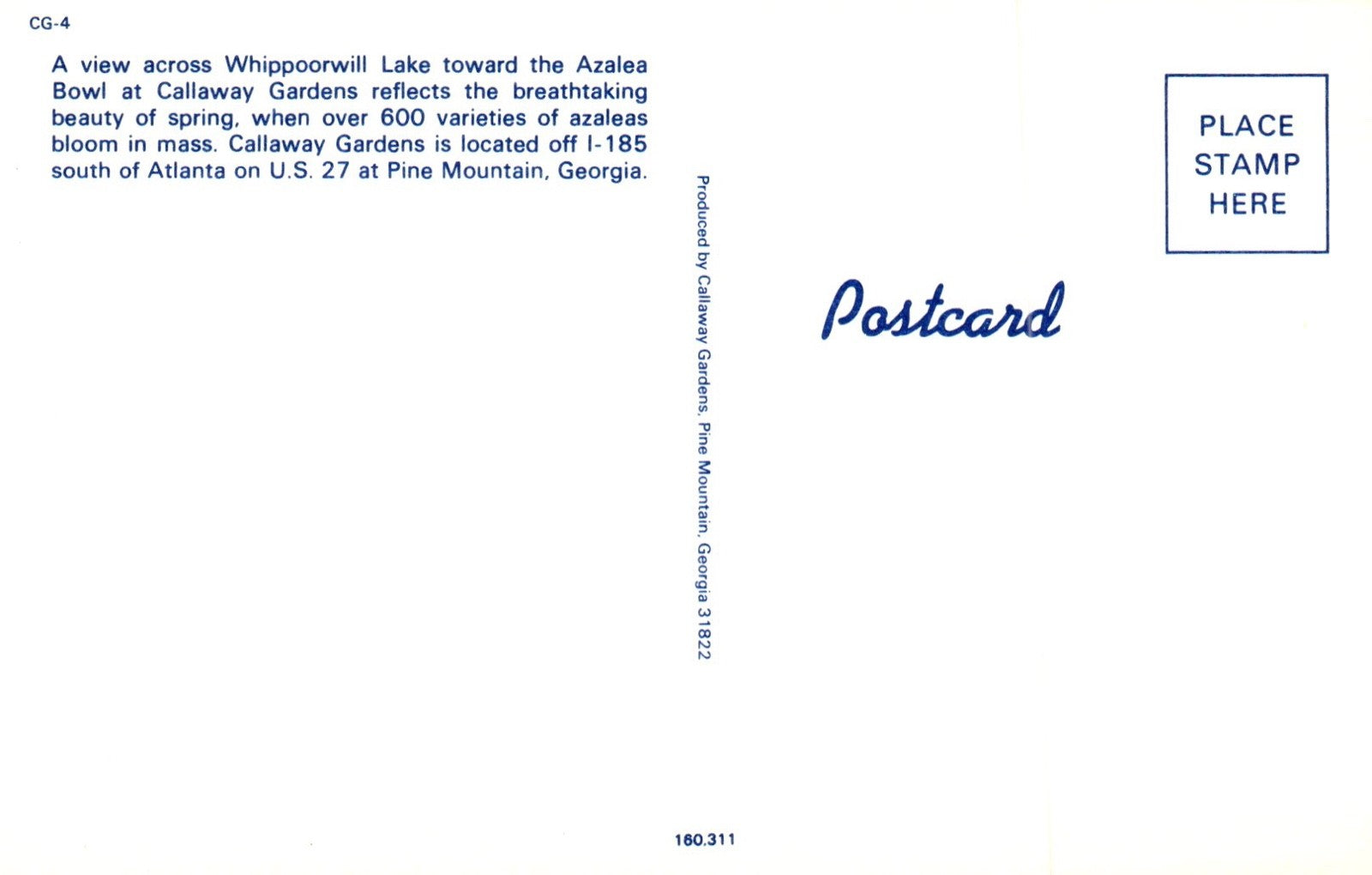 View Across Whippoorwill Lake toward the Azalea Bowl Pine Mt Georgia GA Postcard