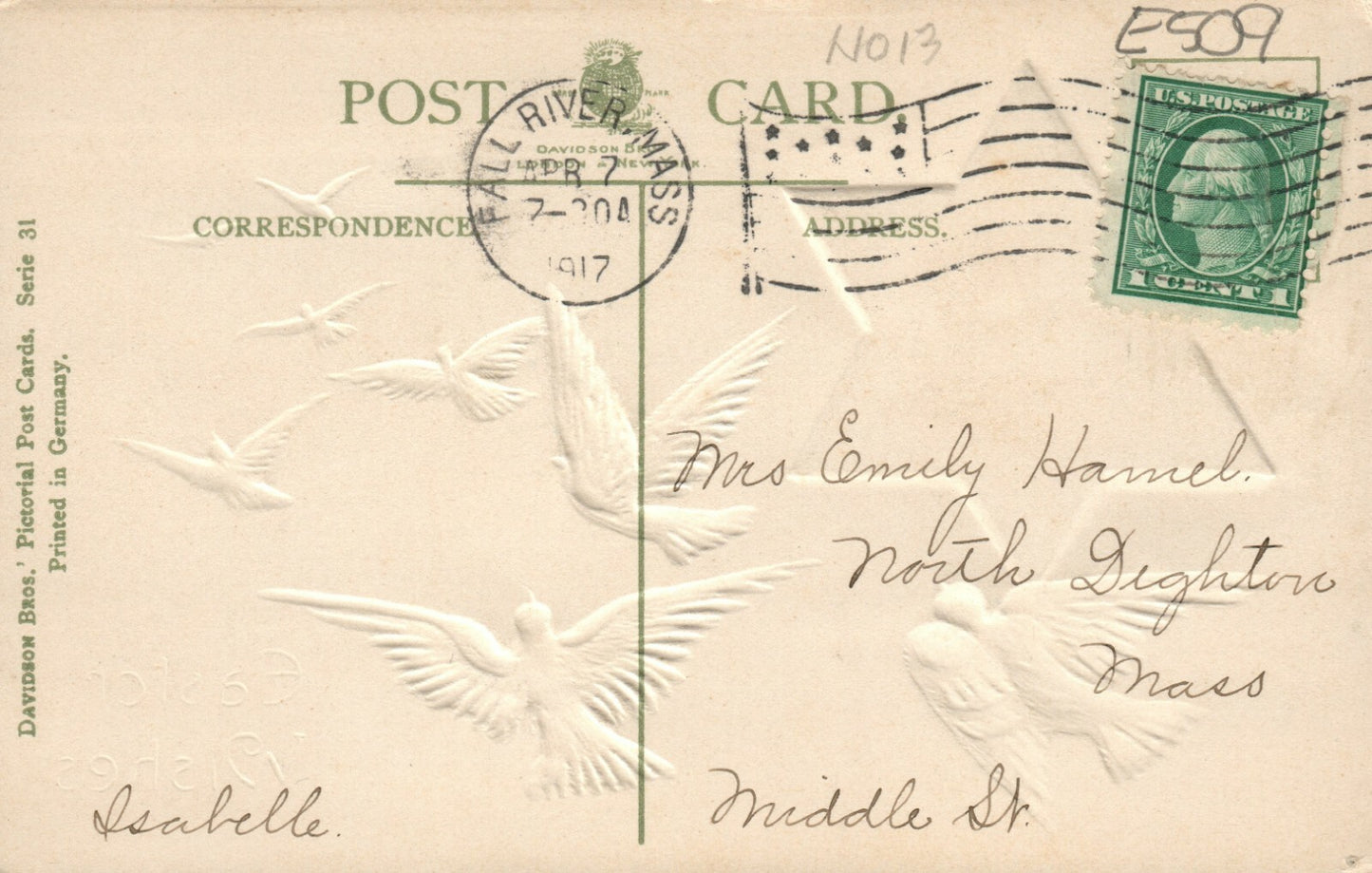 Davidson Brothers Easter Series 31 White Dove Easter Postcard