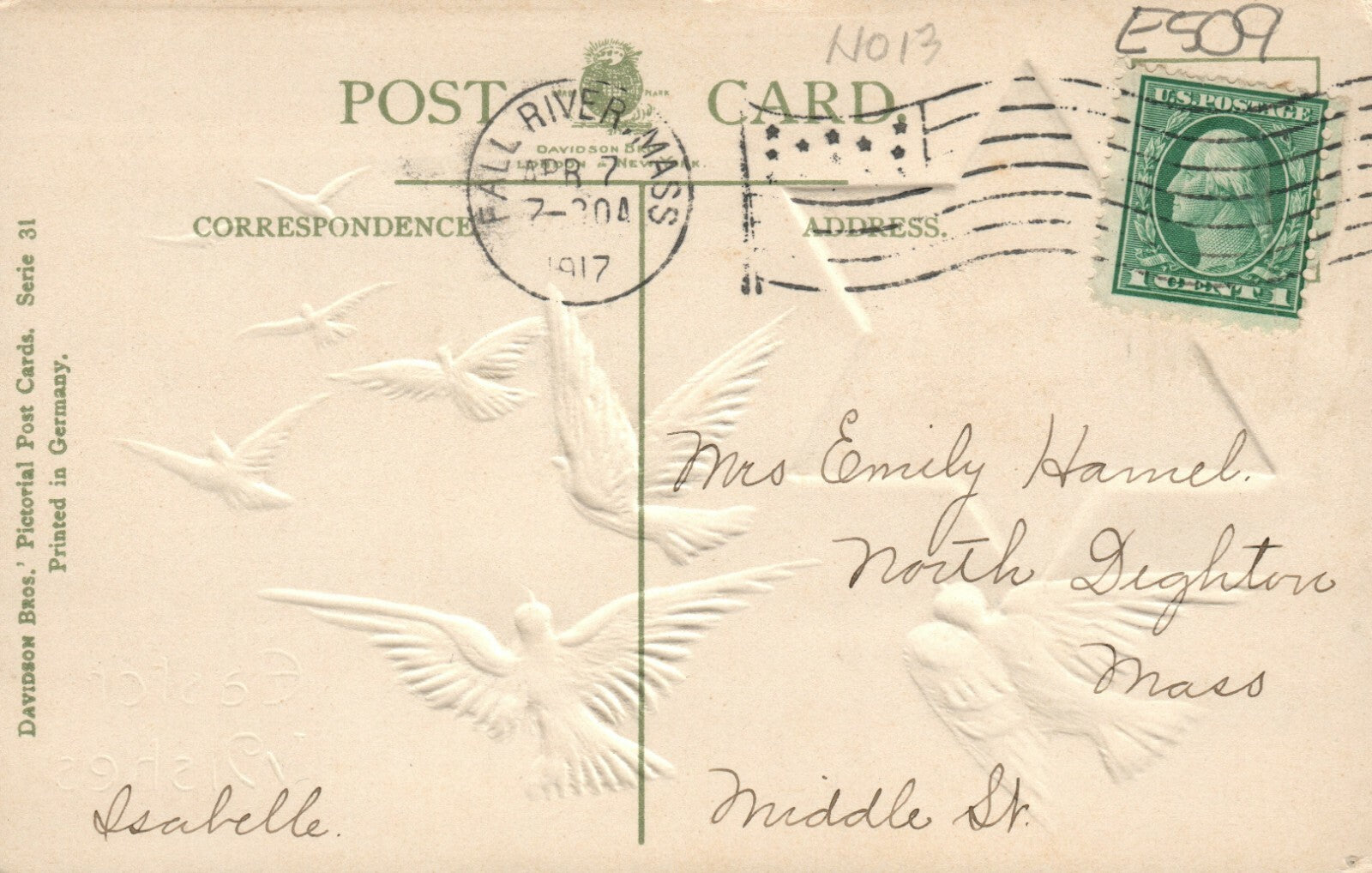 Davidson Brothers Easter Series 31 White Dove Easter Postcard