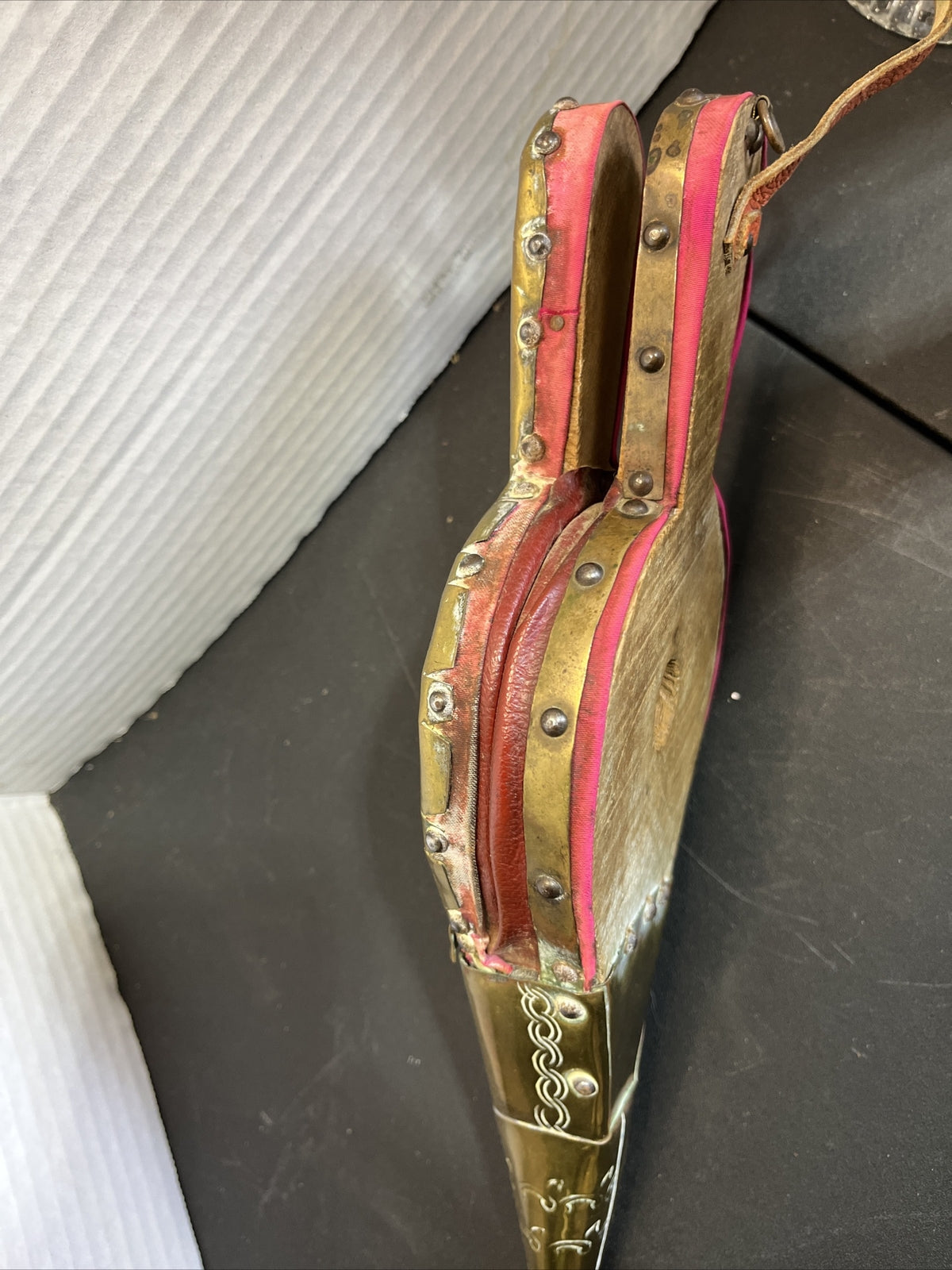 Antique French Handmade Repousse Brass Wood Fireplace Bellow