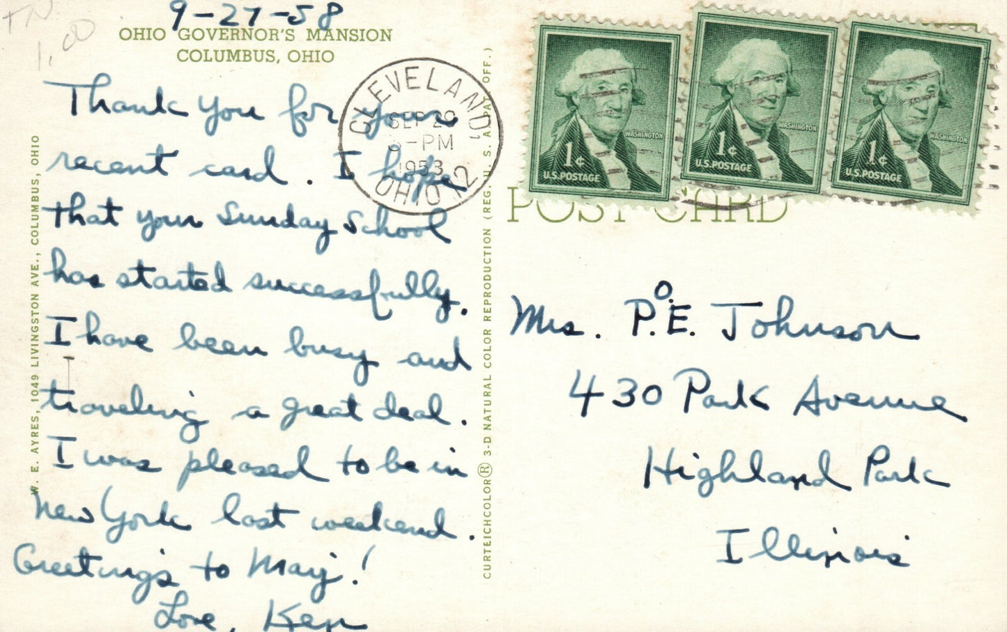 Governors Mansion Columbus 1049 Livingston Ave OH Ohio Postcard