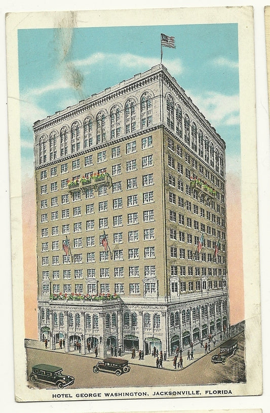 Hotel George Washington Jacksonville FL Flag Old Cars Post Card