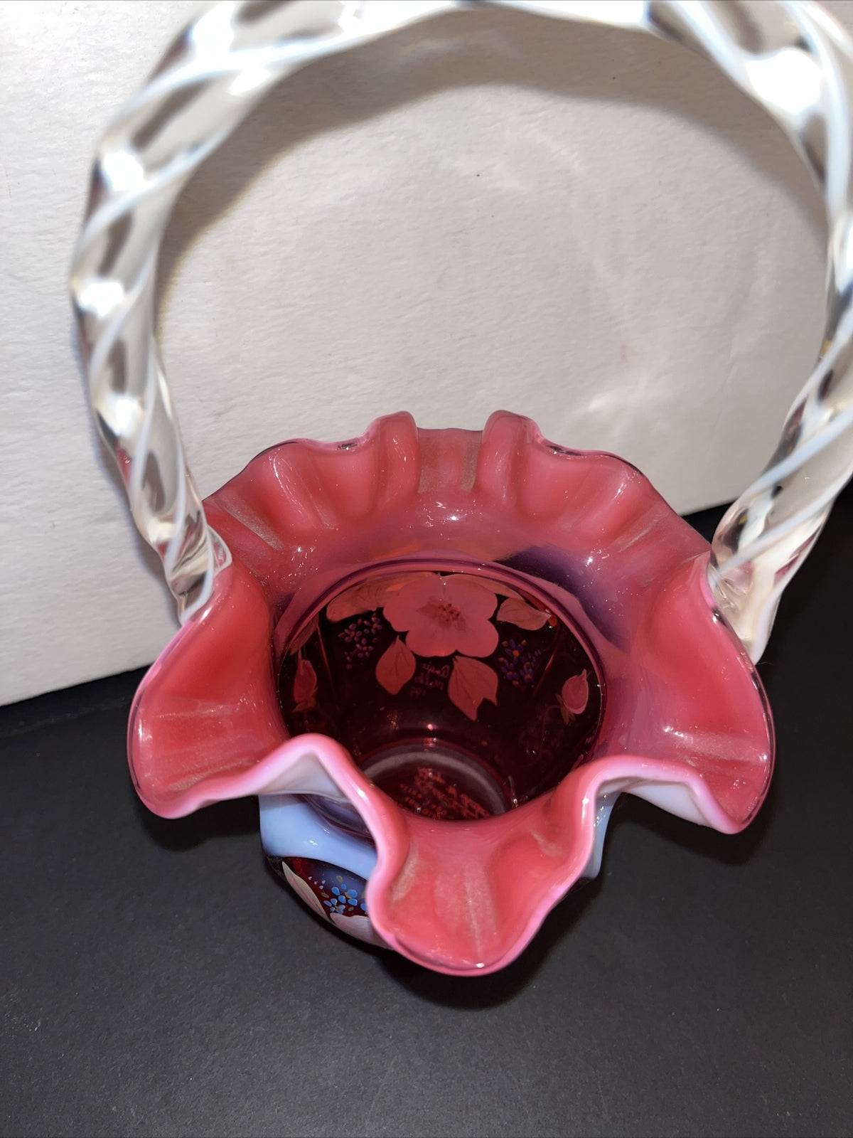 Fenton Art Glass Cranberry Opalescent Open Heart Arches Basket Signed & HP
