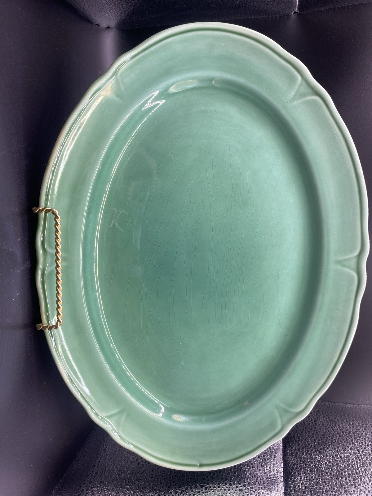 13.5 Oval Platter Vintage Mount Clemens Petal Medium Green 1930's Petalware