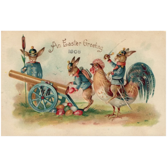 Vintage Patriotic Easter Bunnies and Rooster Putting Eggs Into a Cannon Postcard