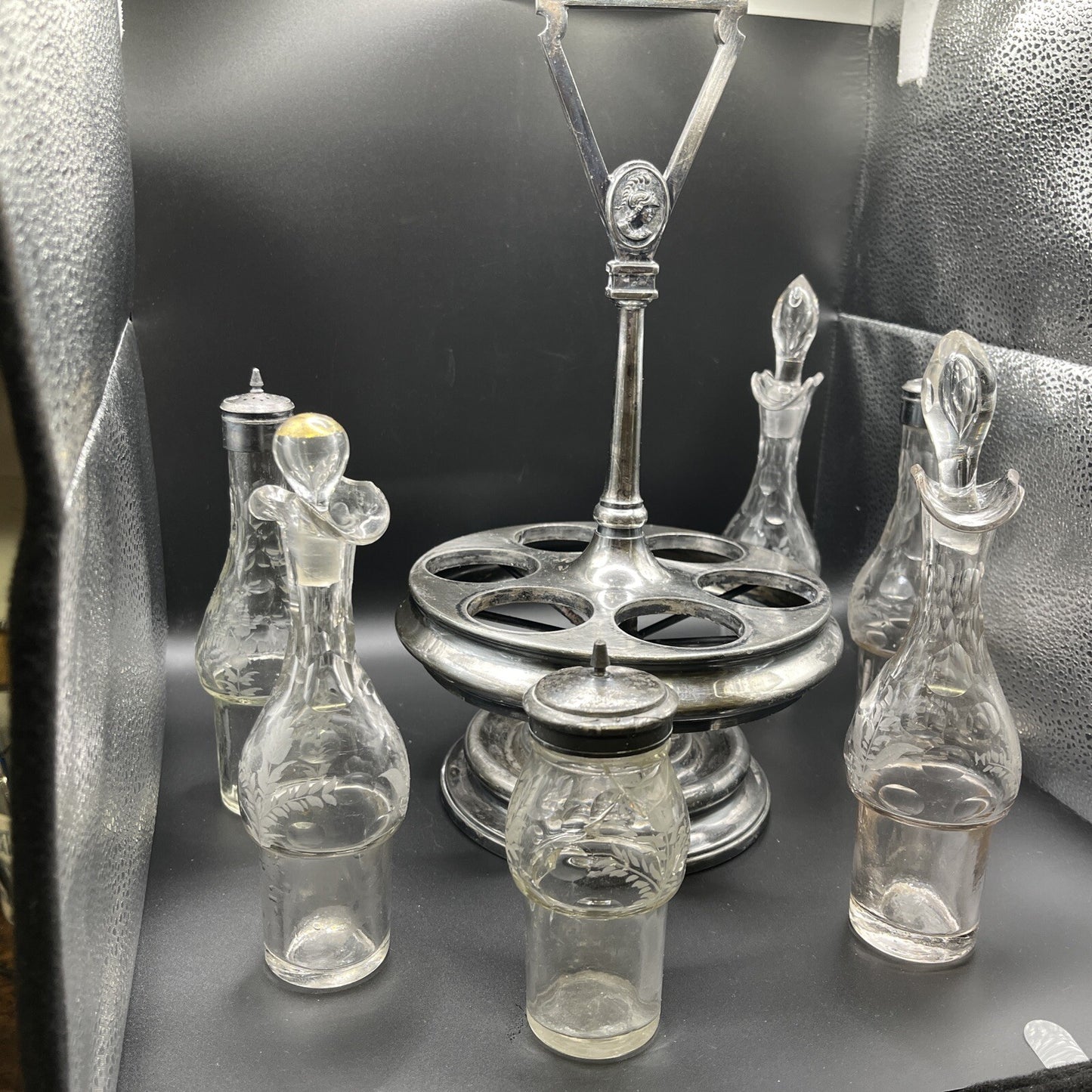Vintage 6 Pc Condiment castor w/ Etched Glass 14.25"H.