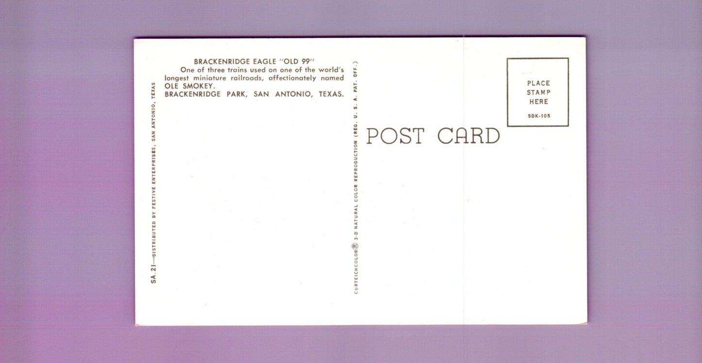 Brackenridge Eagle "Old 99" Miniature Railroad San Antonio Tex Texas TX Postcard