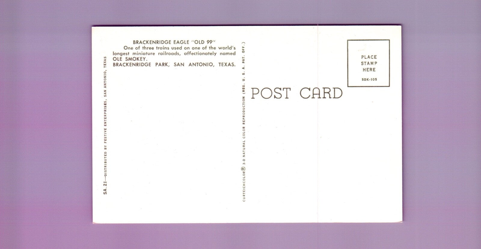 Brackenridge Eagle "Old 99" Miniature Railroad San Antonio Tex Texas TX Postcard