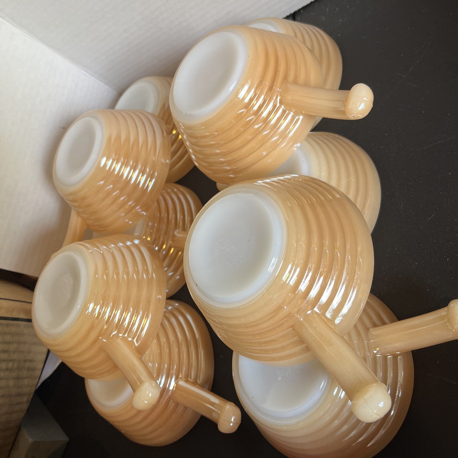 Fire King Iridescent Peach Luster Beehive Oven Ware Bowl w/Handle Vtg USA (10)