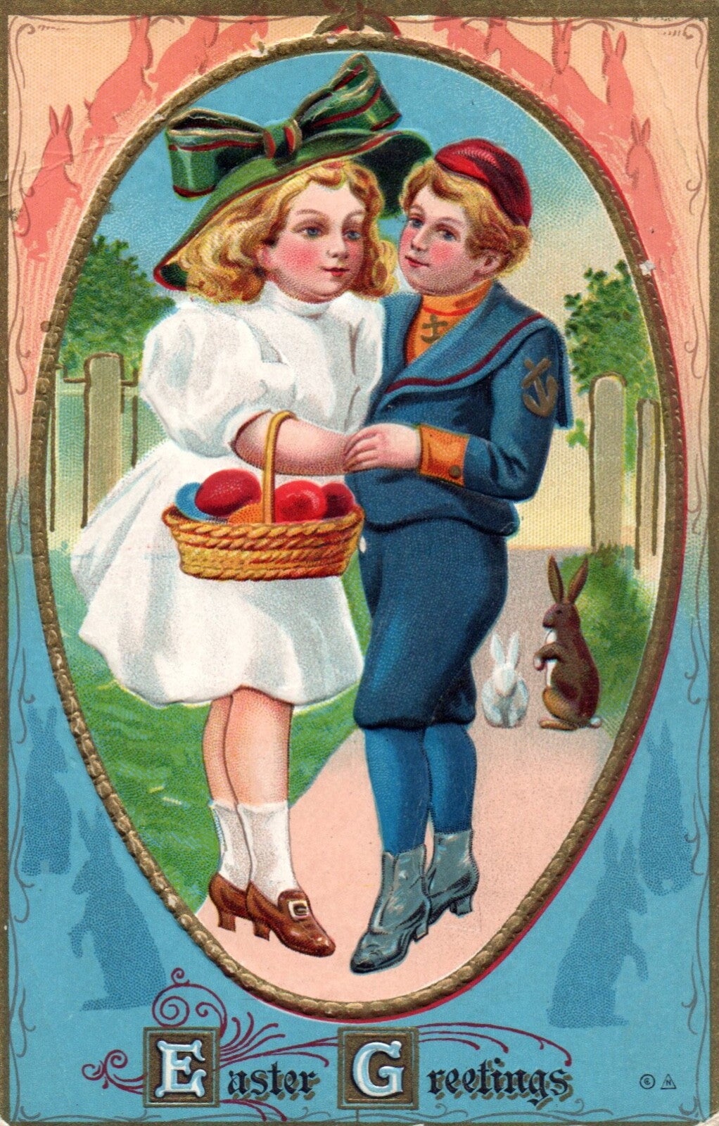 Easter Greetings Children Dancing with Easter Eggs Vintage Easter Postcard