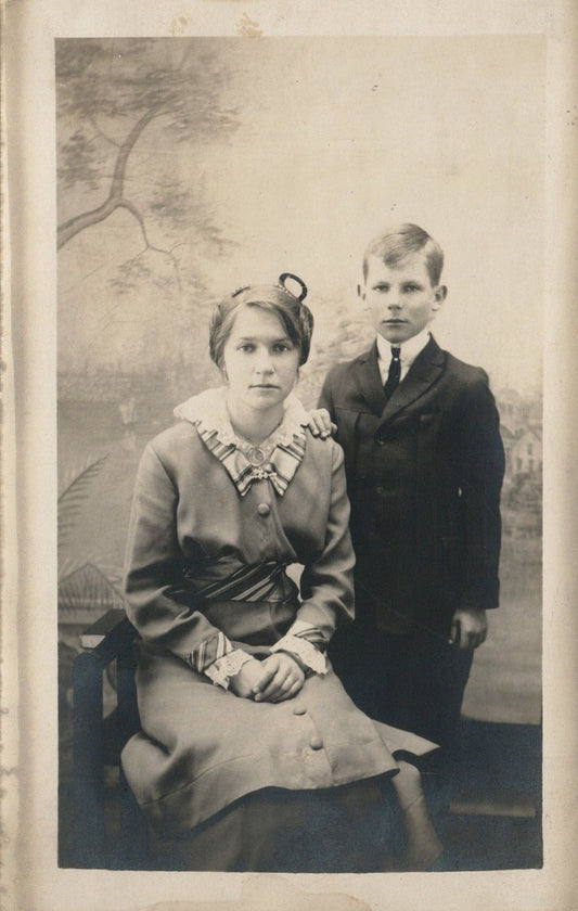 Vintage Old Siblings Portrait Real Photo Postcard
