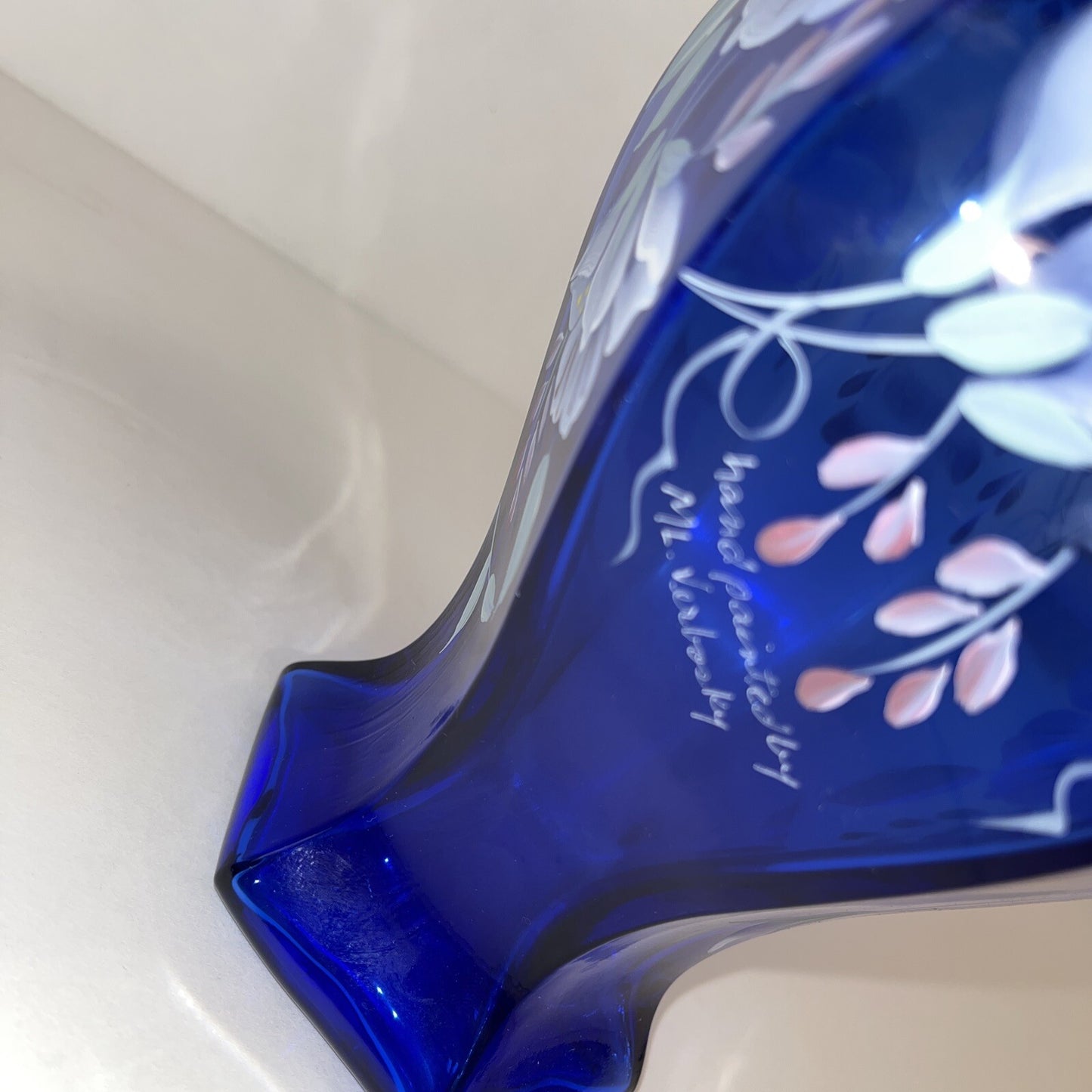 Fenton 75th Anniversary Vase Colbalt Blue Green Crest Hand Painted Signed