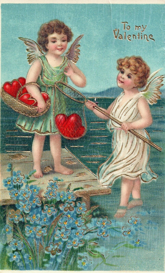 To My Valentine Children Fishing for Hearts Gold Gilt Valentine Postcard