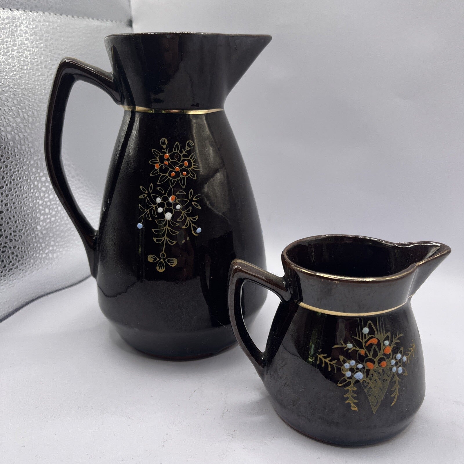 Vintage Brown Betty Pitcher & Creamer hand painted gold gilded Redware Moorage