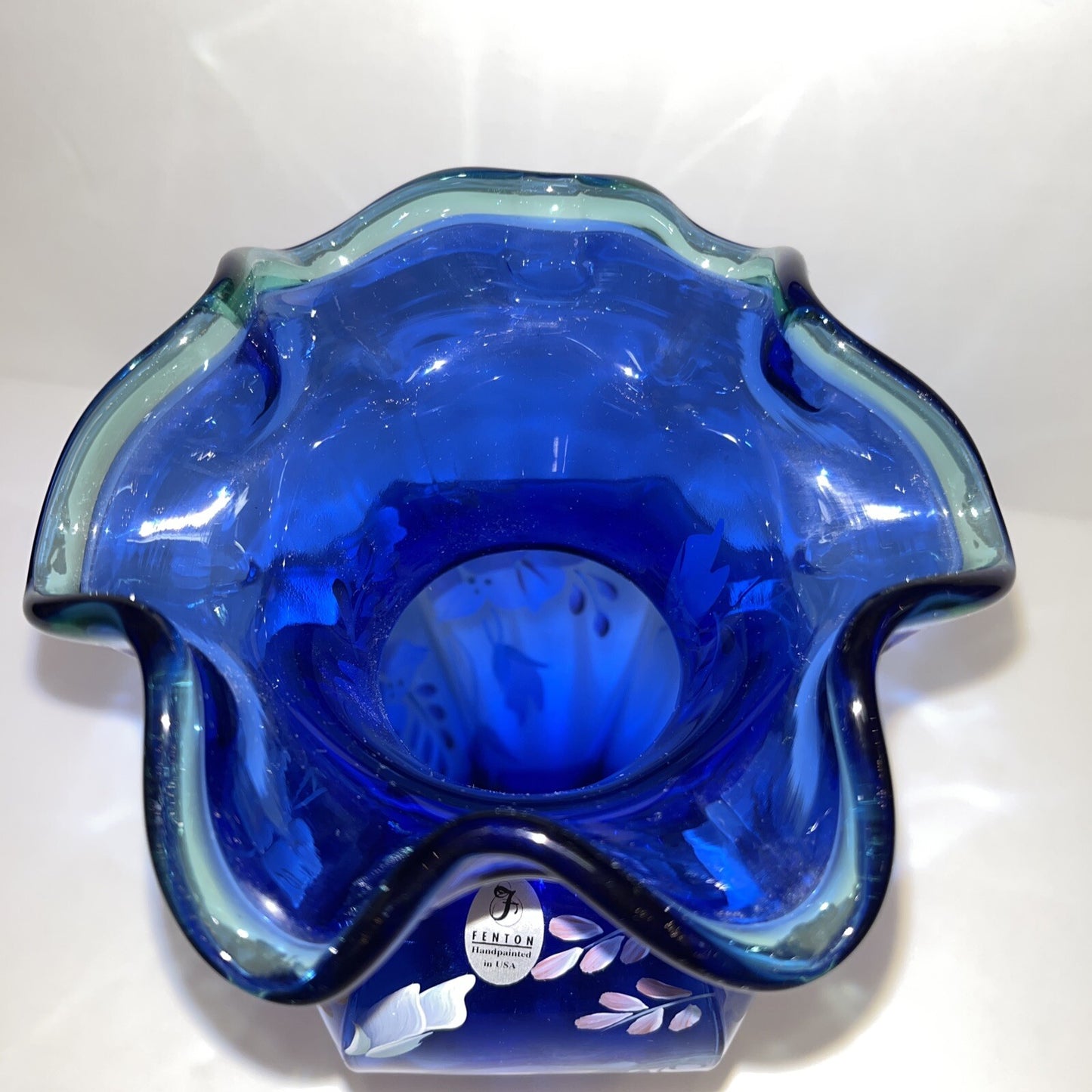 Fenton 75th Anniversary Vase Colbalt Blue Green Crest Hand Painted Signed