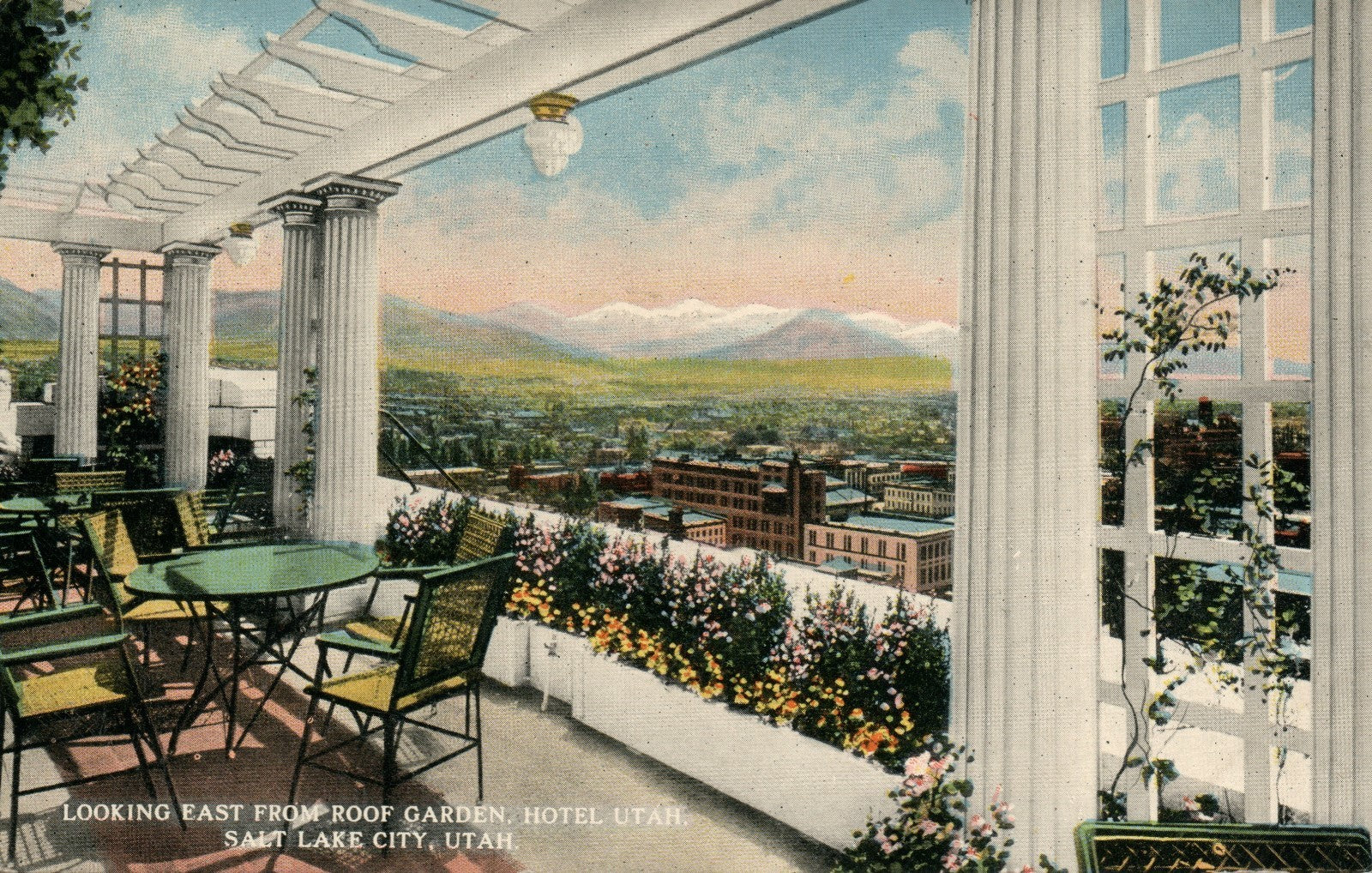 Roof Garden Interior View Hotel Utah Salt Lake City UT Postcard Arbor Pillars