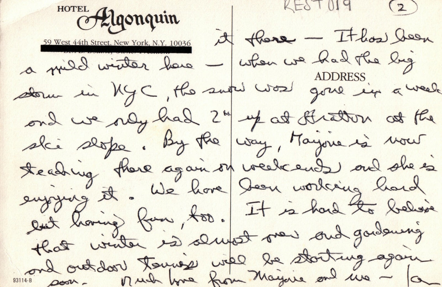 Interior of Hotel Algonquin Restaurant West 44th Street New York NY Postcard