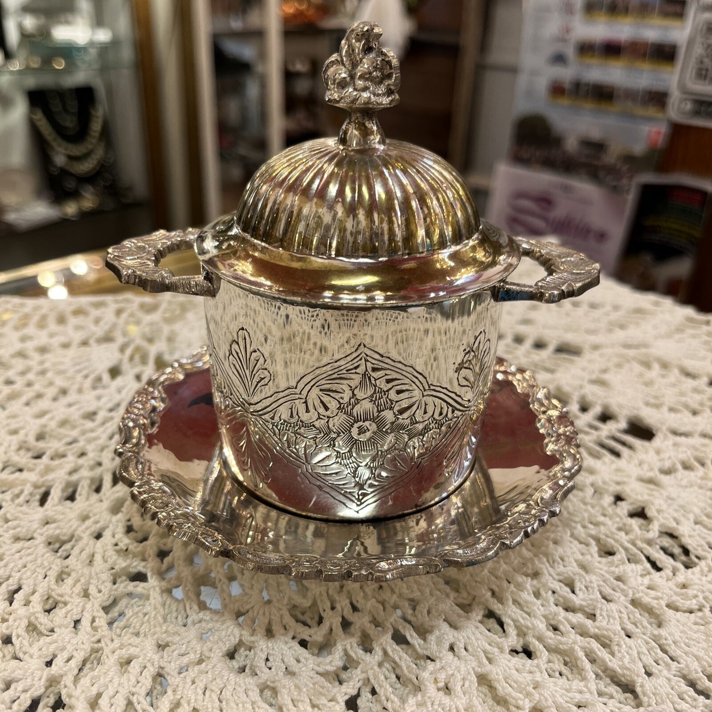 Silver Plate Sugar Bowl Jelly Dish With Lid  Two Handles And Plate 2 Available
