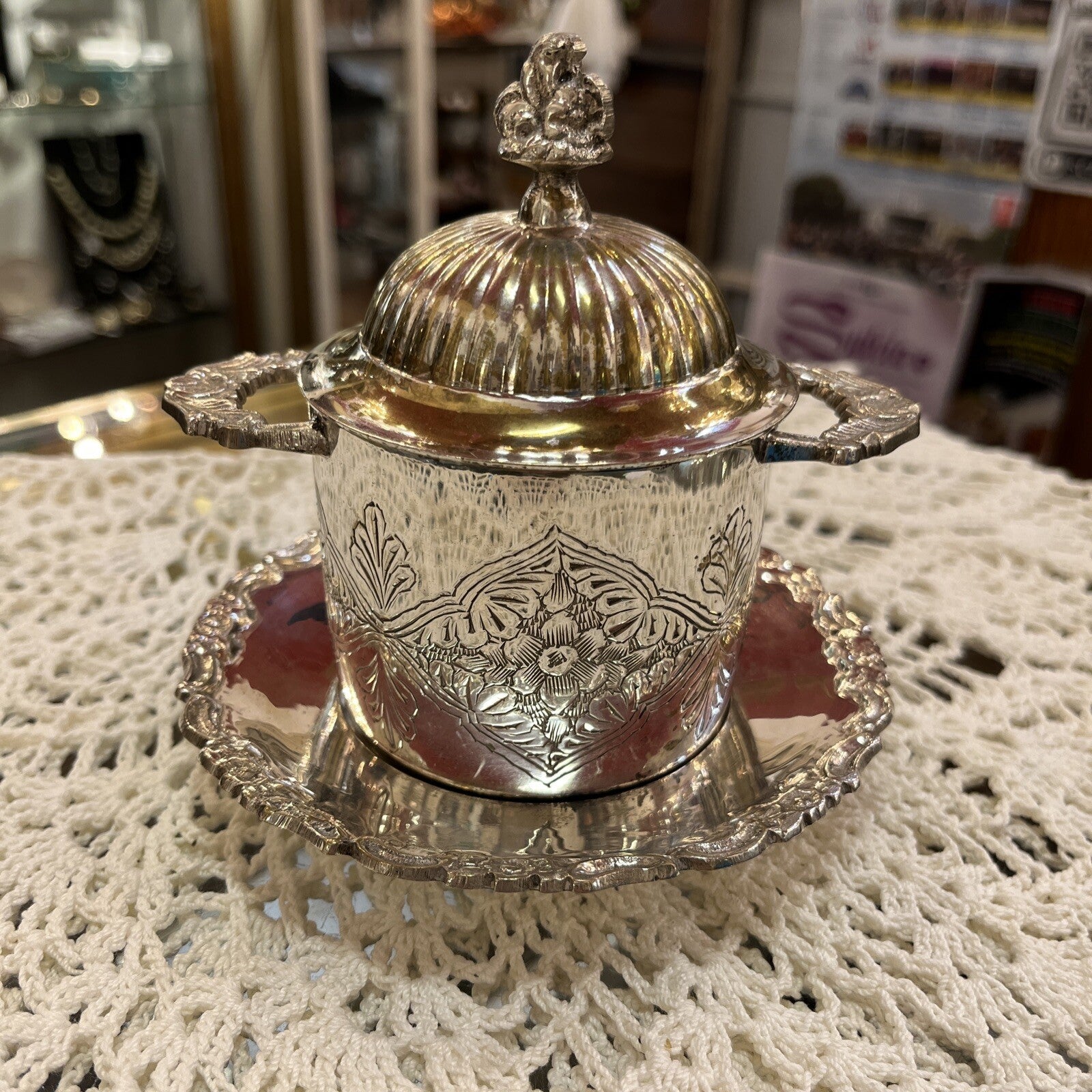 Silver Plate Sugar Bowl Jelly Dish With Lid  Two Handles And Plate 2 Available