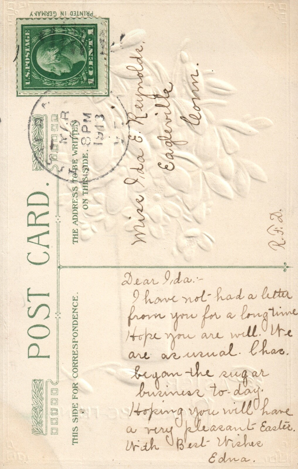 1912 Bouquet Of Flowers White and Purple John Winsch Easter Postcard  