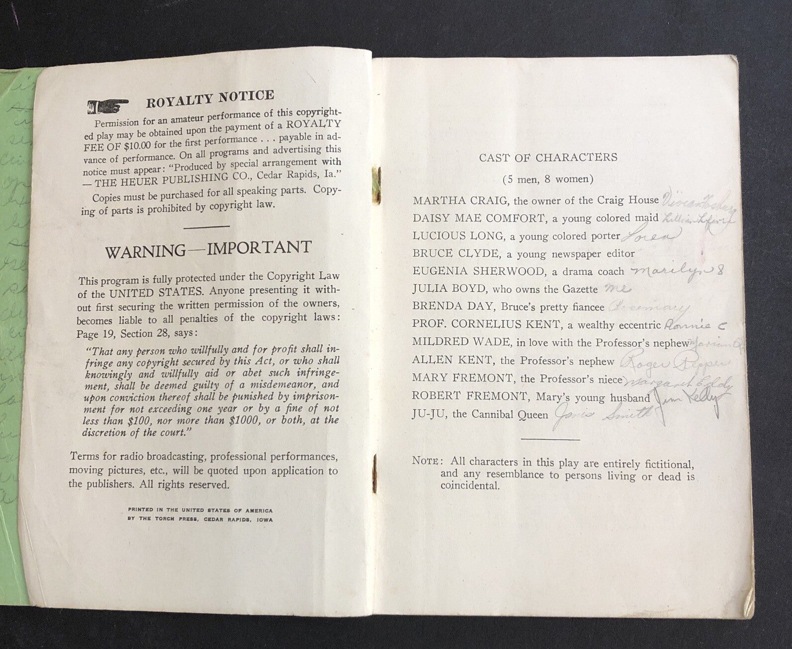 The Cannibal Queen Farce Comedy in Three Acts booklet c1944 Heuer Publishing Co