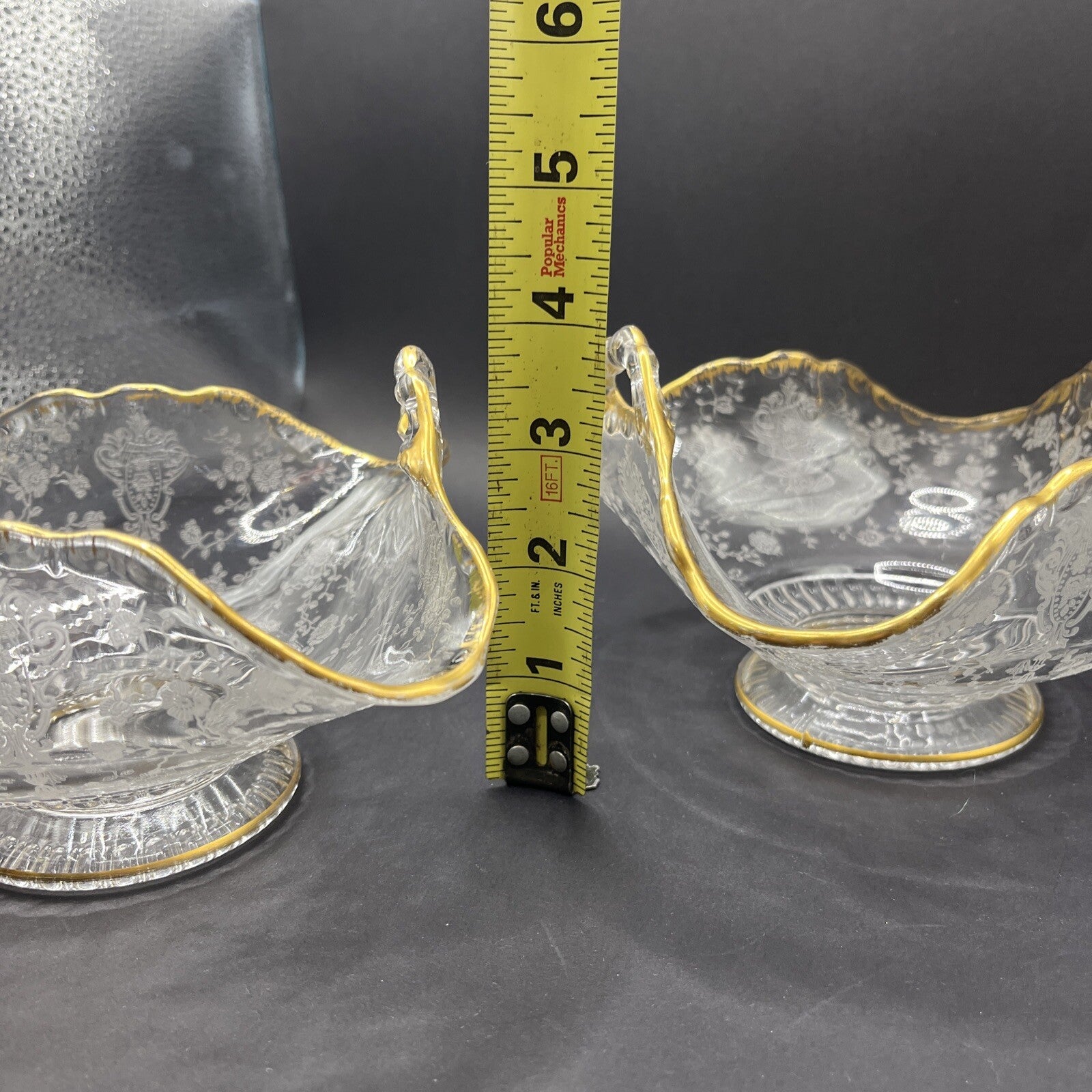 Vintage 2 Clear Glass & Gold Leaf Trim Etched Victoria Pattern Serving Bowl