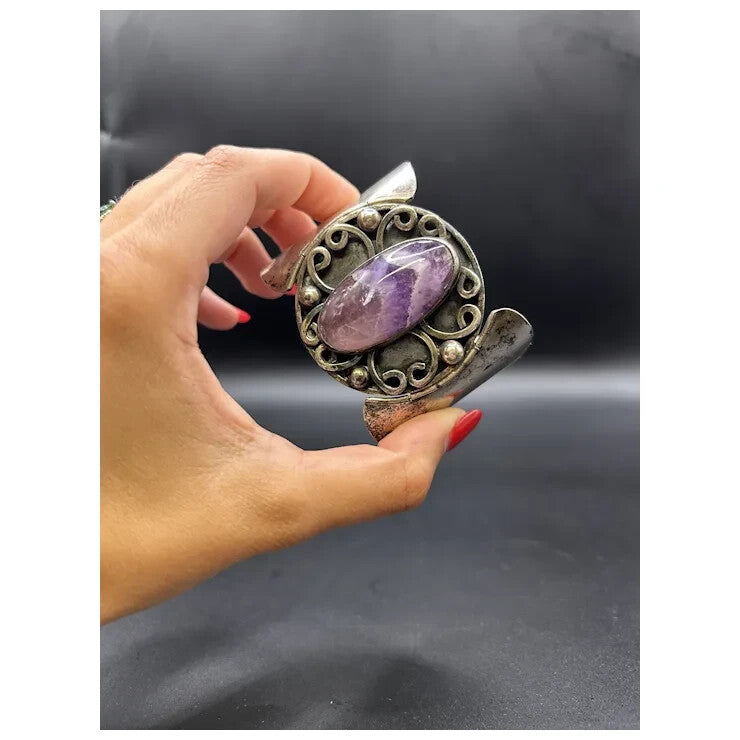 Vintage Hecho Mexico Sterling Silver 925 Amethyst Native Cuff Bracelet