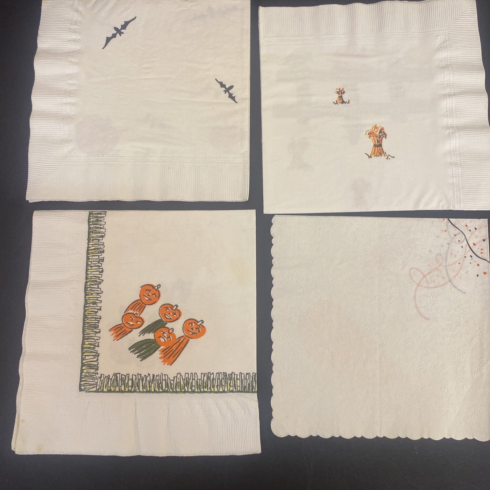Vintage HALLOWEEN White PAPER NAPKIN Lot of 4 Pumpkins, Ghosts, Scarecrows, Bats