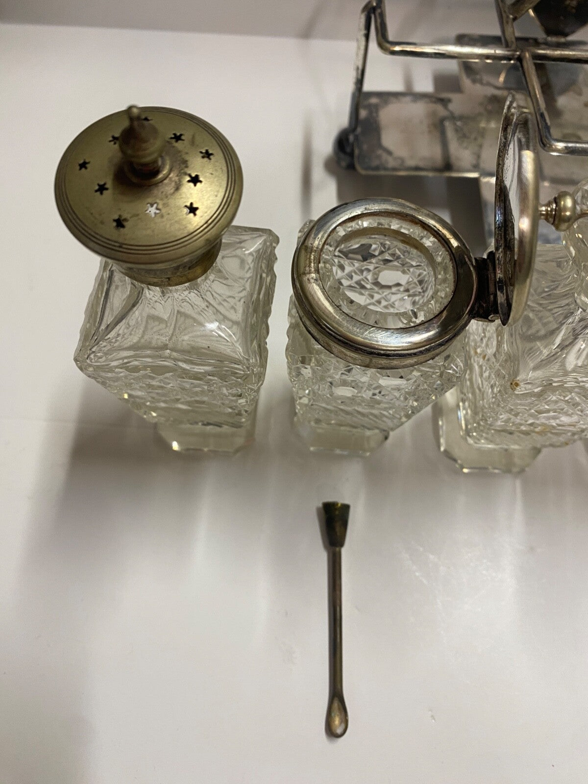 Antique 1900's Silver Plated Cruet 6 Piece Set & Carrier Salt Pepper Sugar &More